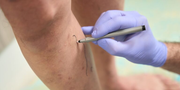 Surgeon marking varicose veins to be removed during CVI treatment