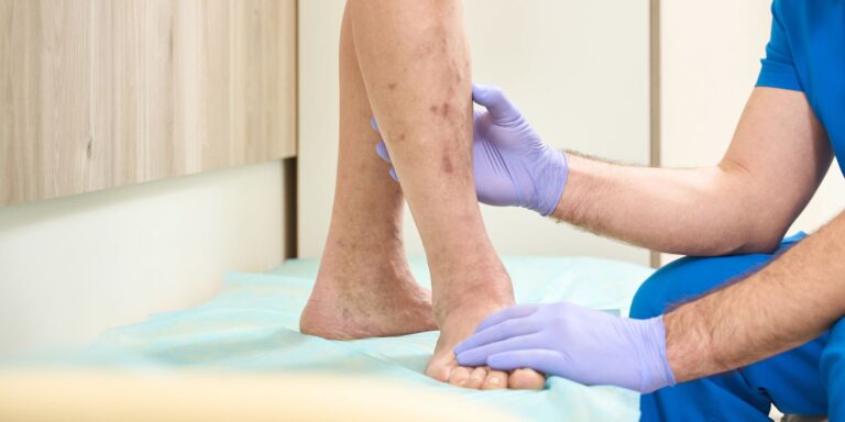 Male doctor examining a patient's legs for peripheral artery disease
