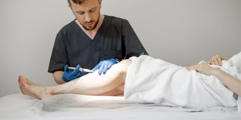 Vascular surgeon performing sclerotherapy on a patient